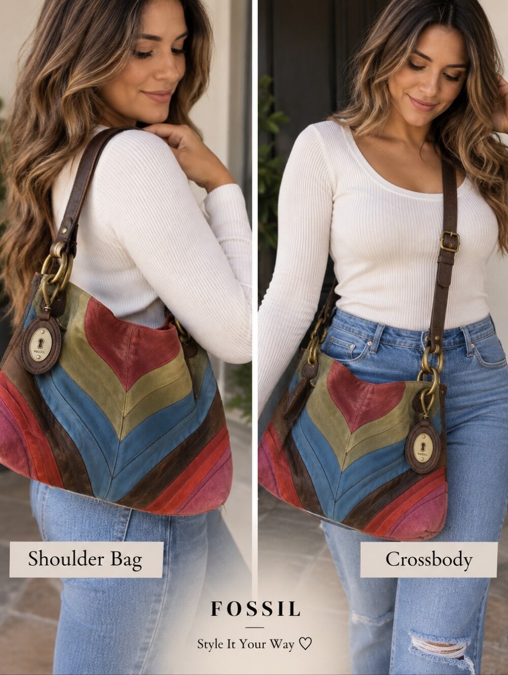 Fossil Winslet II Hobo Bag Multicolor Leather Suede Shoulder Purse NWT